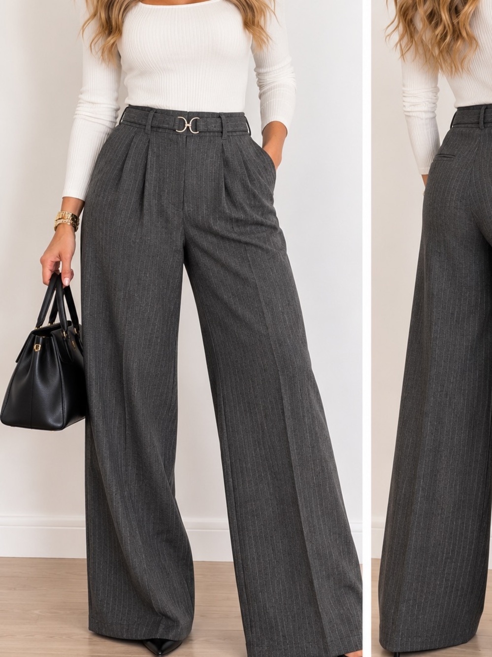 218.NEW High-Waist Wide Leg Pinstripe Trousers - Charcoal
